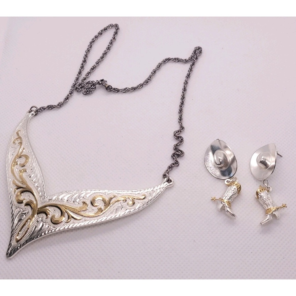 Montana Silversmiths Necklace Earrings Set Western Scroll Cowboy Boot Dangle